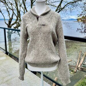 Vintage 100% Wool Banff Knitted Oatmeal Grey Womens Shawl Cowl Collared Sweater